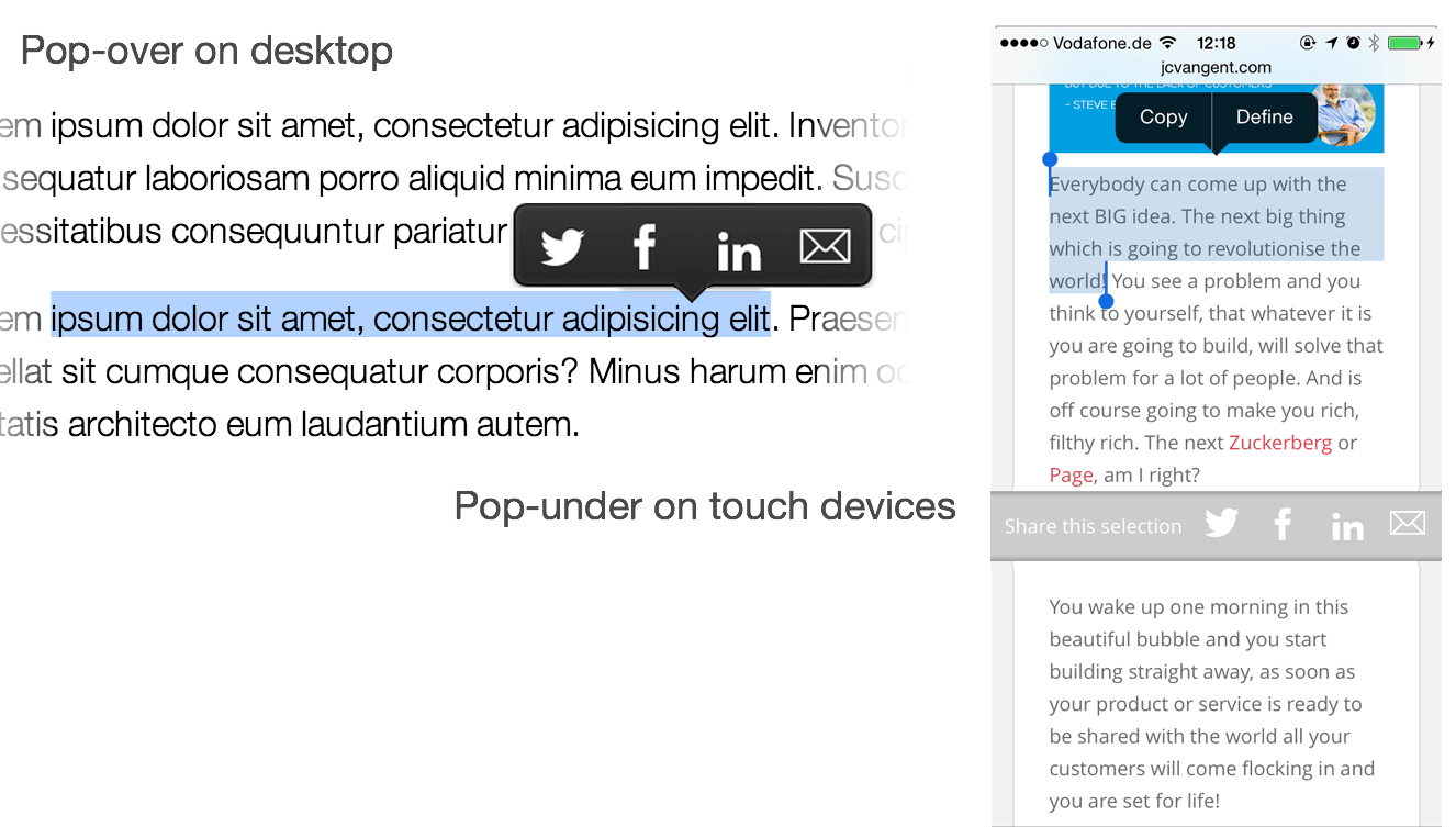 Popover menu to share on Twitter, Facebook, LinkedIn or by email any text selected on the page with support for mobile devices (with a popunder).