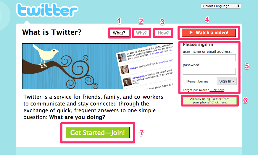 The Twitter homepage in 2009 asking for 7 different things