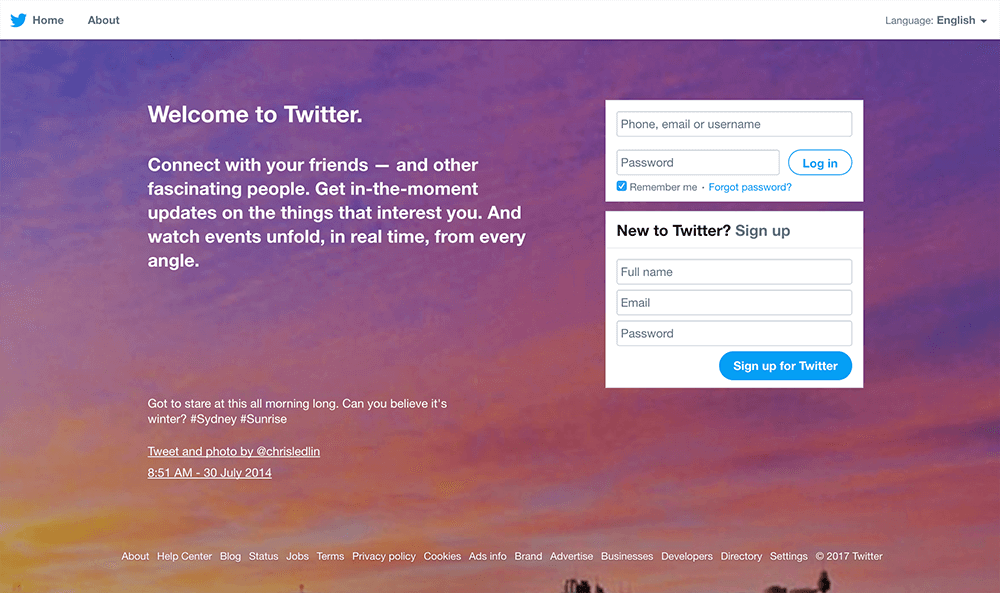 The Twitter homepage in 2017, focusing on the two most important items: sign-in or sign-up.