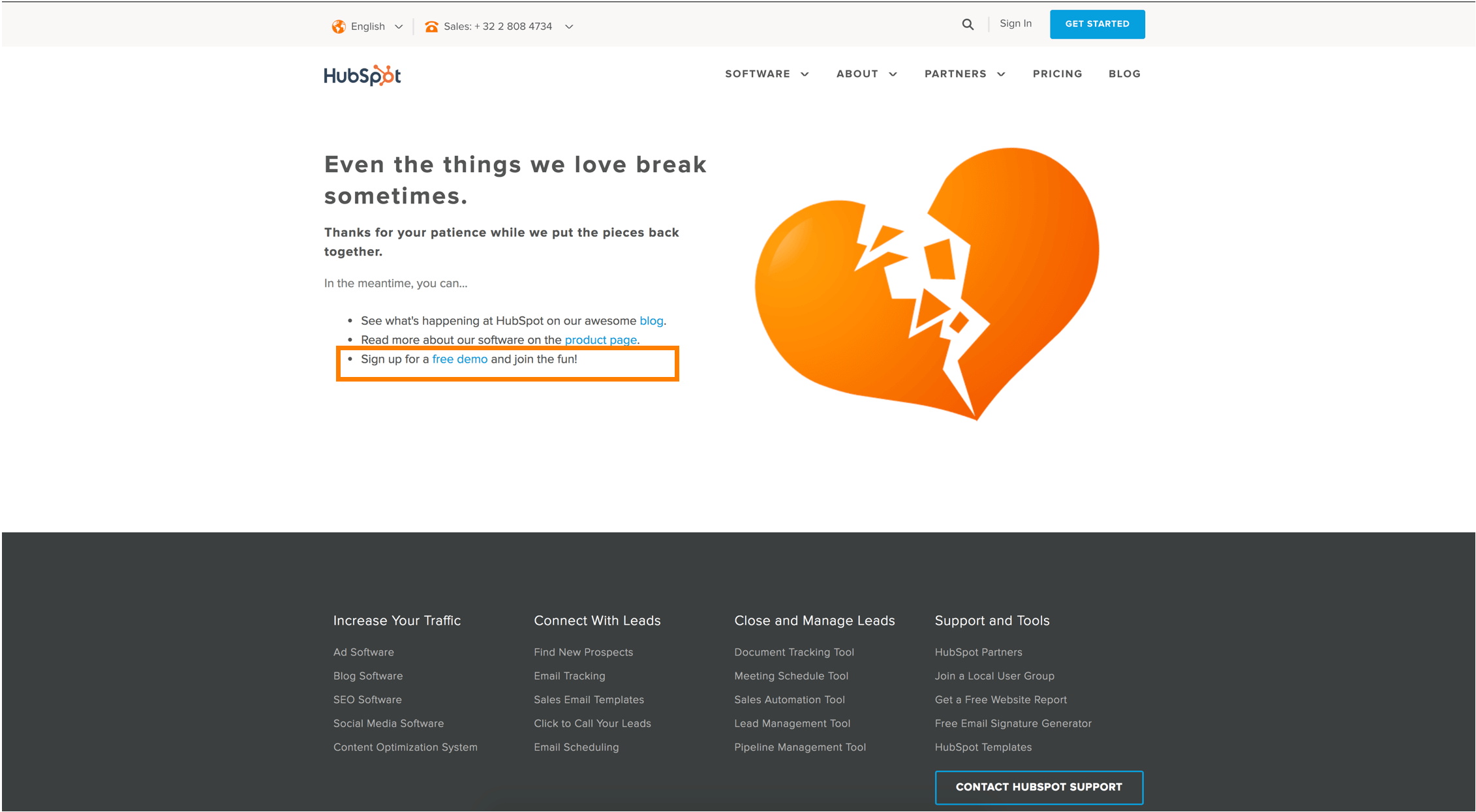 Hubspot offers visitors the opportunity to ‘sign up for a free demo’ on their error 404 page