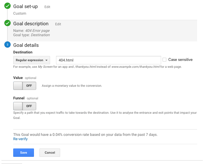 Setting a goal in Google Analytics when someone hits a 404 page