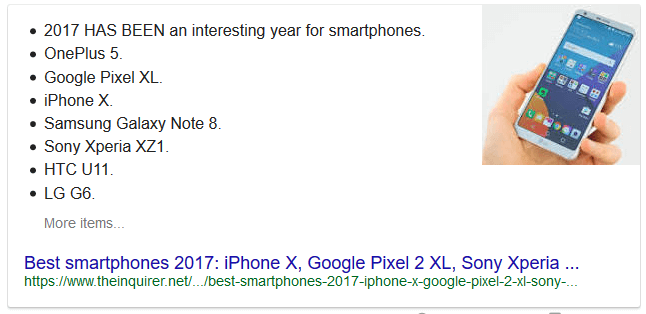 Bullet point featured snippet presented to the search query "top smartphones of 2017"