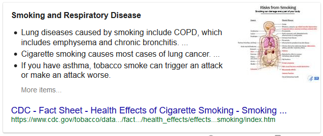 Google's Featured Snippet for "health risks of smoking"