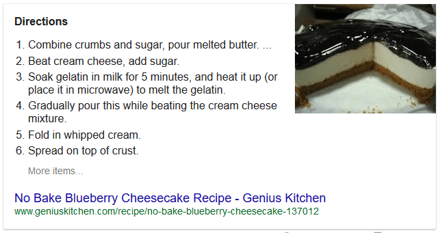 Numbered list featured snippet presented for the search query "blueberry cheesecake recipe"