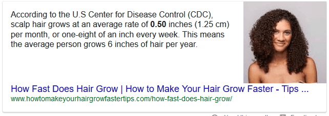 Paragraph snippet presented to the question "how fast does hair grow"