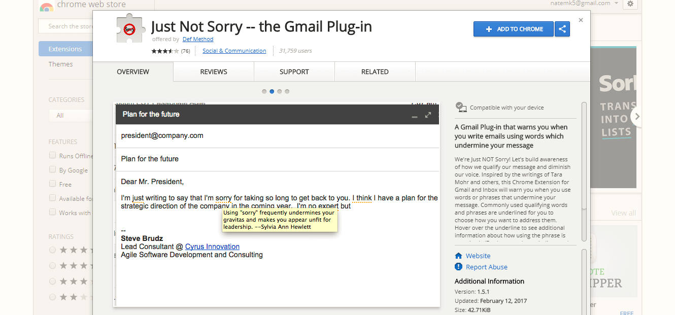 Just Not Sorry - Gmail plugin