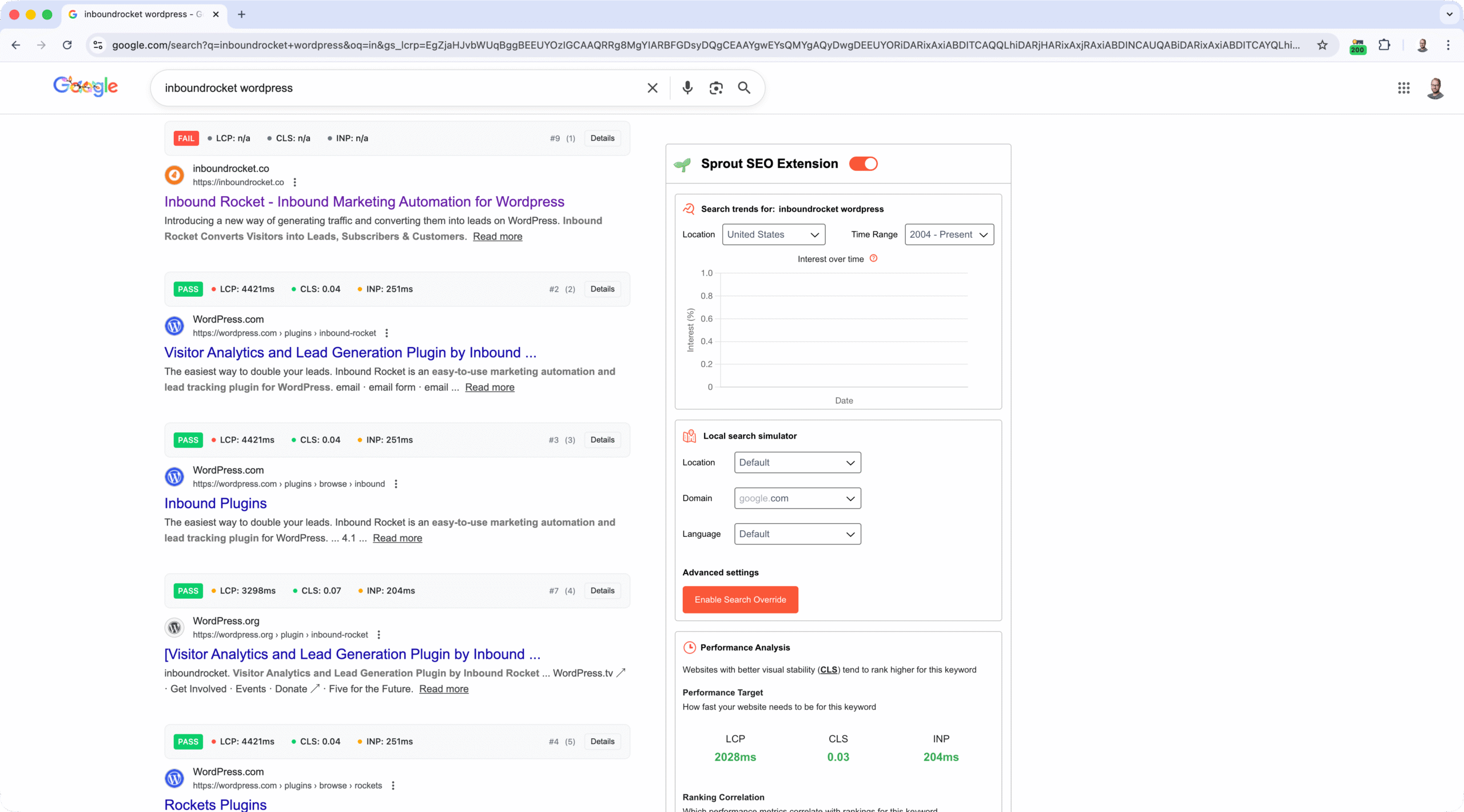 Sprout SEO chrome extension SERP sidepanel
